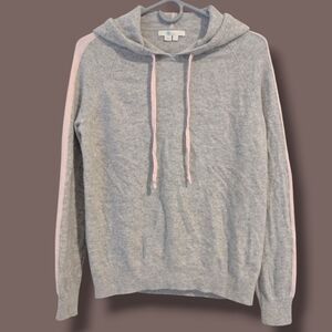 Boden Grey Pink Stripe 100% Cashmere Long Sleeve Pullover Drawstring Hoodie